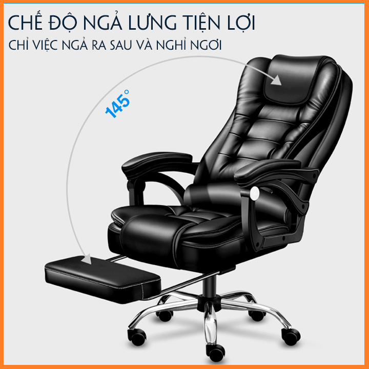 Ghế Văn Phòng Cao Cấp. Ghế Giám Đóc HC148. Có Massage Lưng 5 Điểm. Ghế Công Sở Chân Xoay 360° Có Gác Chân, Ngả Lưng.