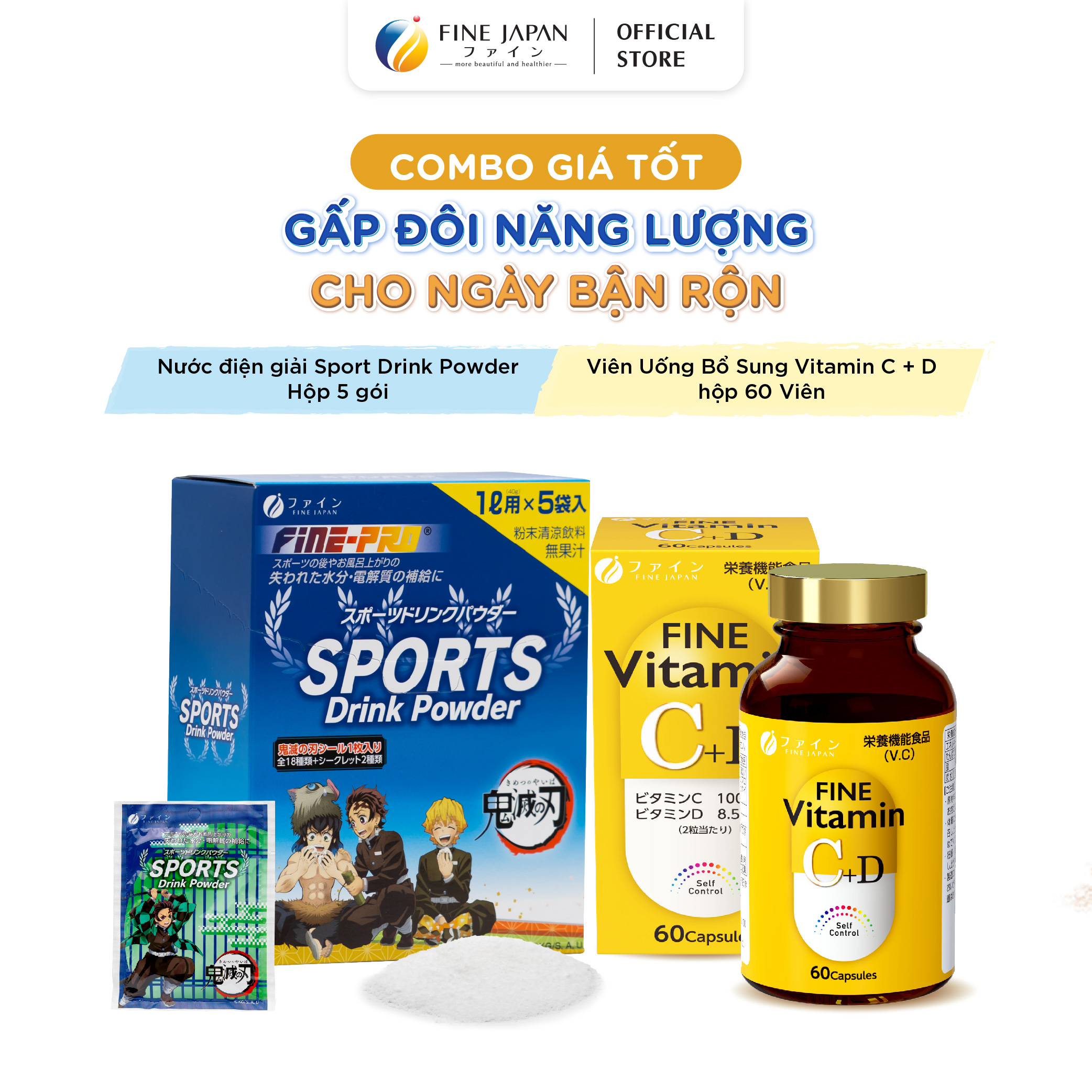 Combo Gấp đôi năng lượng cho ngày bận rộn FINE JAPAN - Nước điện giải Sport Drink Powder & Viên uống Vitamin C + D