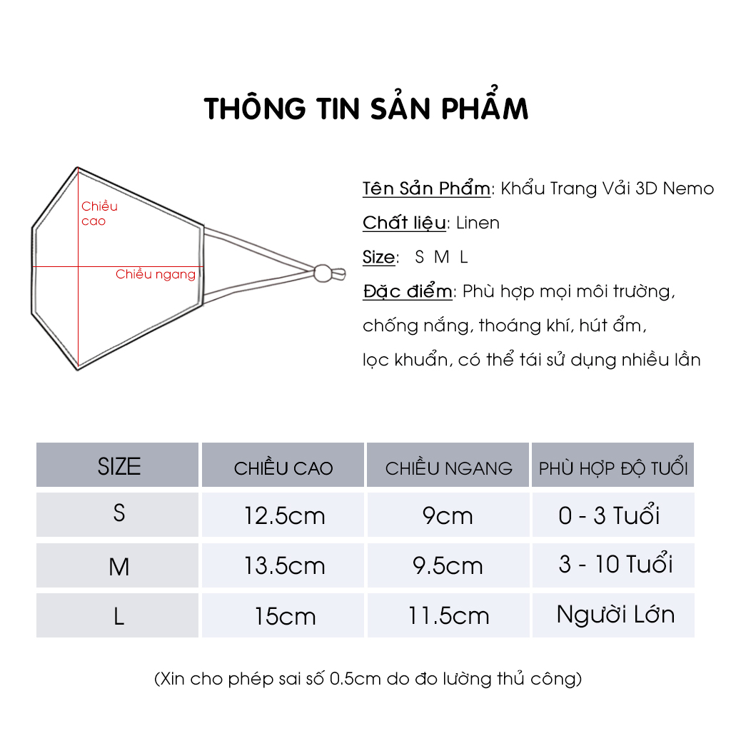 KHẨU TRANG 4D NEMO Full Linen Cao Cấp, Chống Nắng, Lọc Bụi, Lọc Khuẩn, Thoáng Khí, Thấm Hút Mồ Hôi, Ngừa Mụn - KTDLN