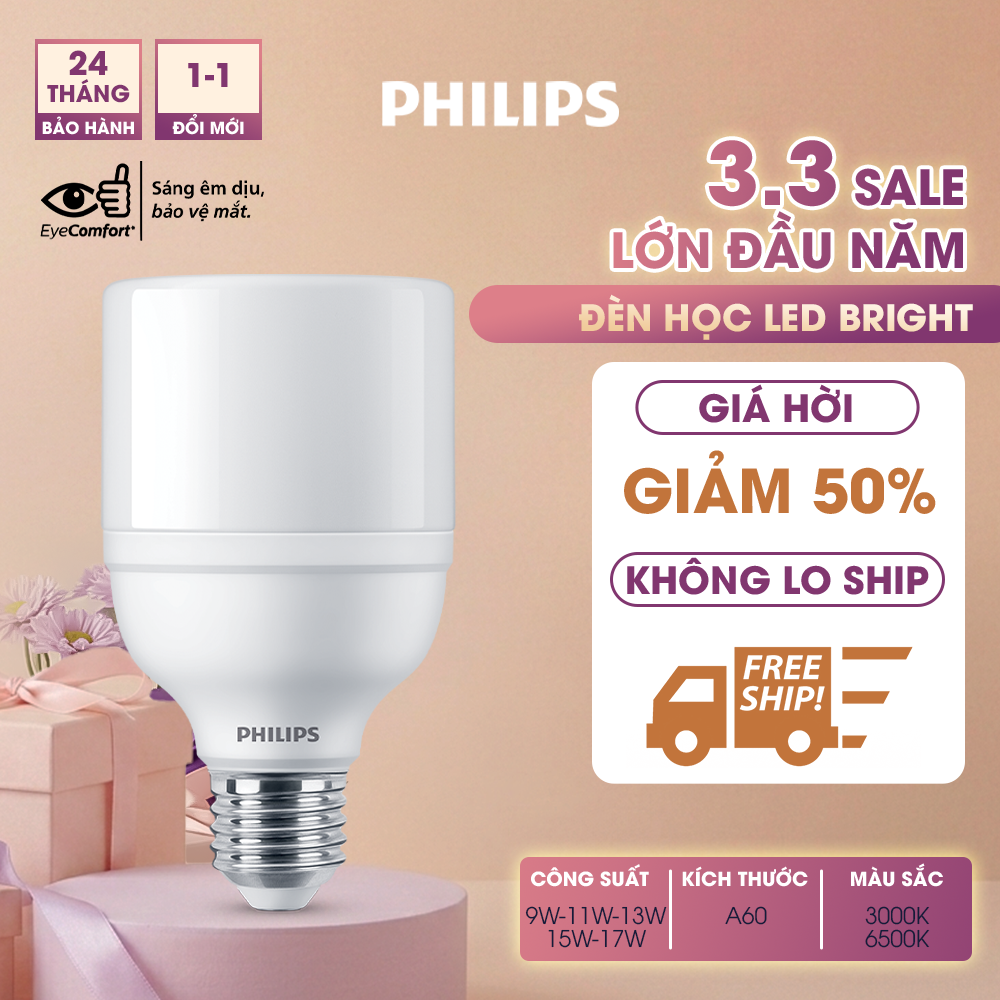 Bóng đèn Philips LED Bright E27 bảo vệ mắt, ánh sáng vàng, ánh sáng trắng 01 bóng – 11W – Ánh sáng trắng 6500K