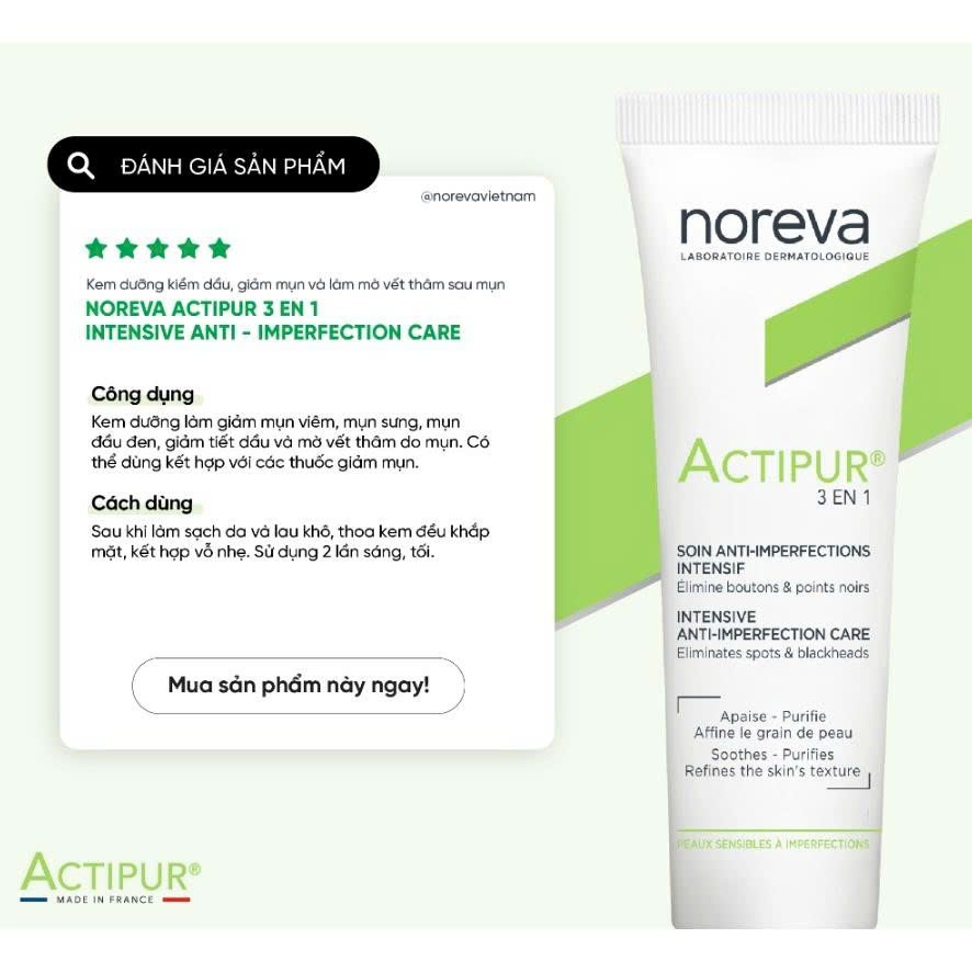 Kem mụn giảm tiết bả nhờn, giữ ẩm da Noreva Actipur 3 En 1 Care 30ml