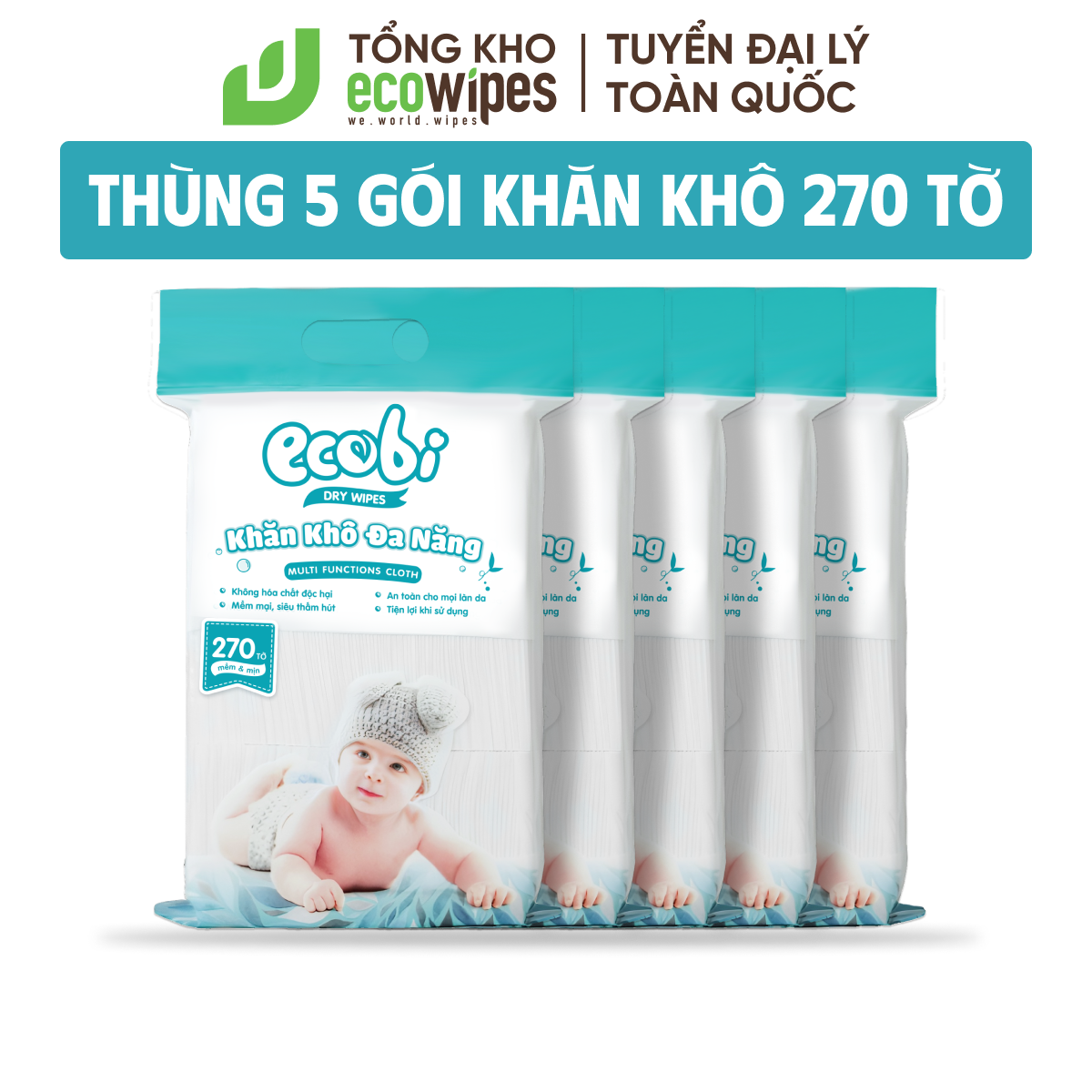 Hình ảnh Thùng 05 túi khăn vải khô đa năng cho bé Ecowipes túi 270 tờ 345g mềm mịn dai thấm hút tốt