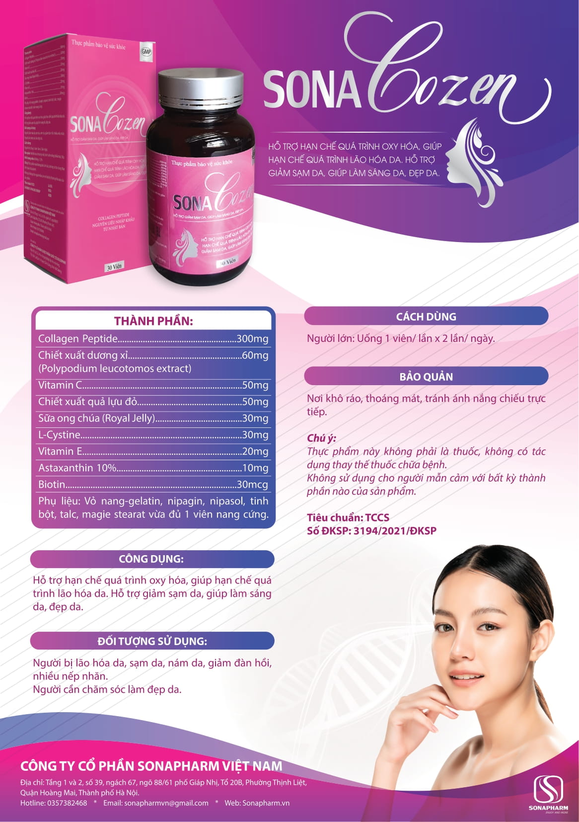 Viên Uống Bổ Sung Collagen Giảm Sạm Da Giảm Da Nhăn Làm Sáng Da Đẹp Da SonaCozen - Hộp 30 viên