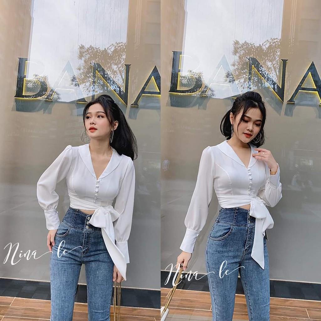 ÁO SƠ MI NỮ BUỘC NƠ SAU LƯNG CROPTOP