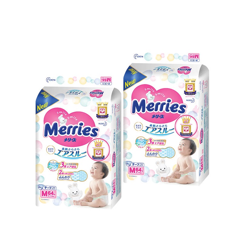 Combo 2 Tã/bỉm dán Merries size M - 64 miếng (Cho bé 6 - 11kg)