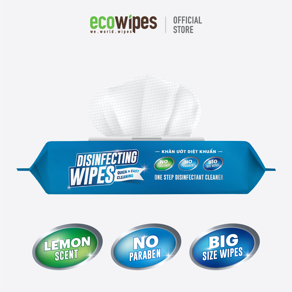 Khăn giấy ướt diệt khuẩn Ecowipes gói 60 tờ Disinfecting Wipes diệt 99,9% vi khuẩn hương chanh dịu nhẹ không kích ứng da