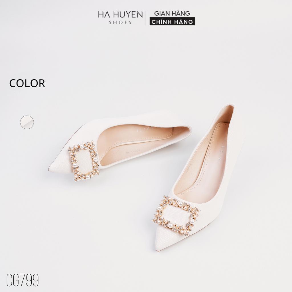 Giày cao gót nữ mũi nhọn Hà Huyền Shoes da sần gót nhọn 5 phân đính ngọc chữ nhật sang chảnh - CG799