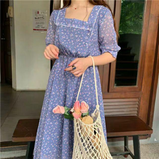 Đầm hoa nhí cổ vuông ngắn tay tiểu thư phong cách vintage Hàn Quốc ulzzang