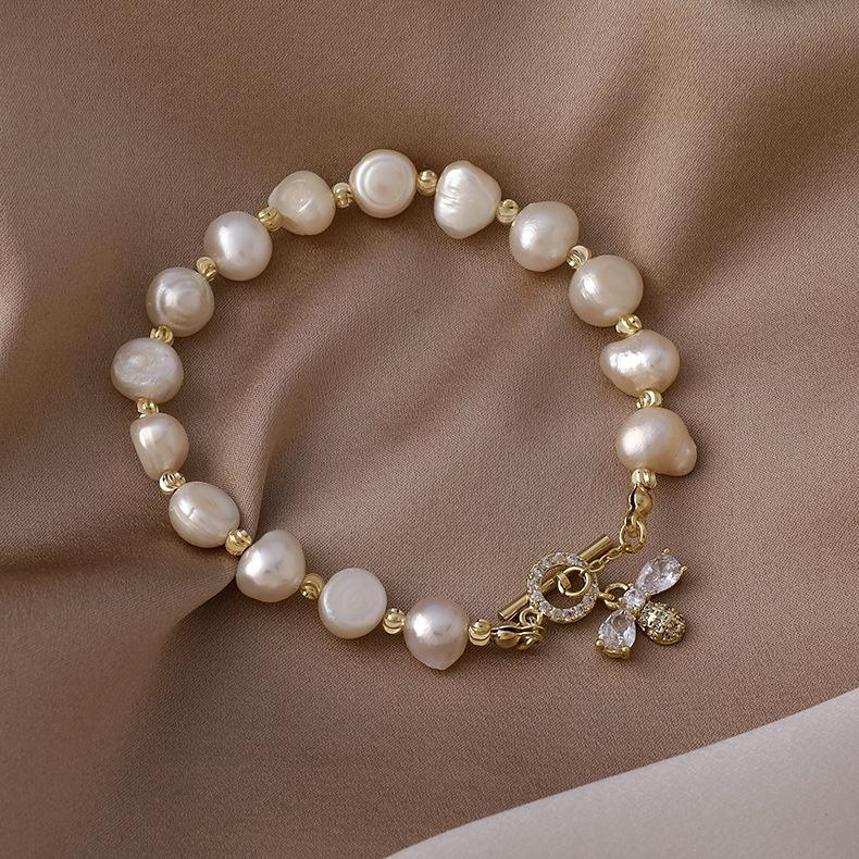 XiaoboACC Korean Fashion Freshwater Pearl Zircon Bee Pendant Bracelet