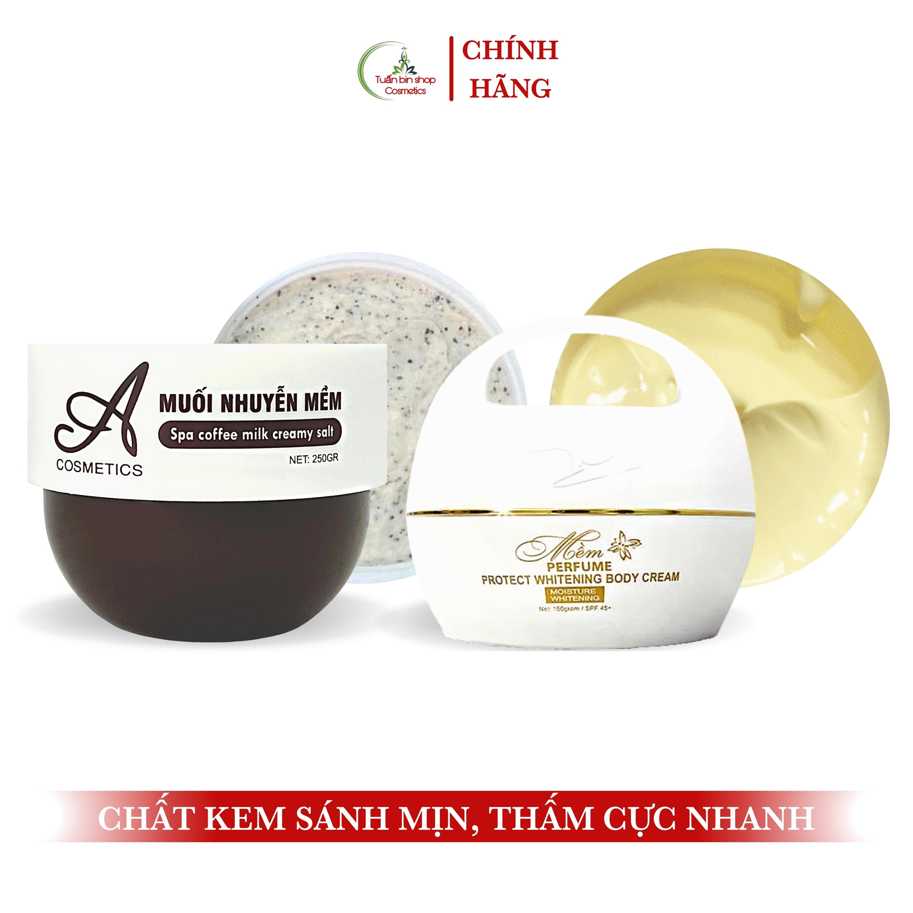 Combo kem trắng da body, tẩy tế bào chết Acosmetics, kem body mềm, muối nhuyễn mềm 400g