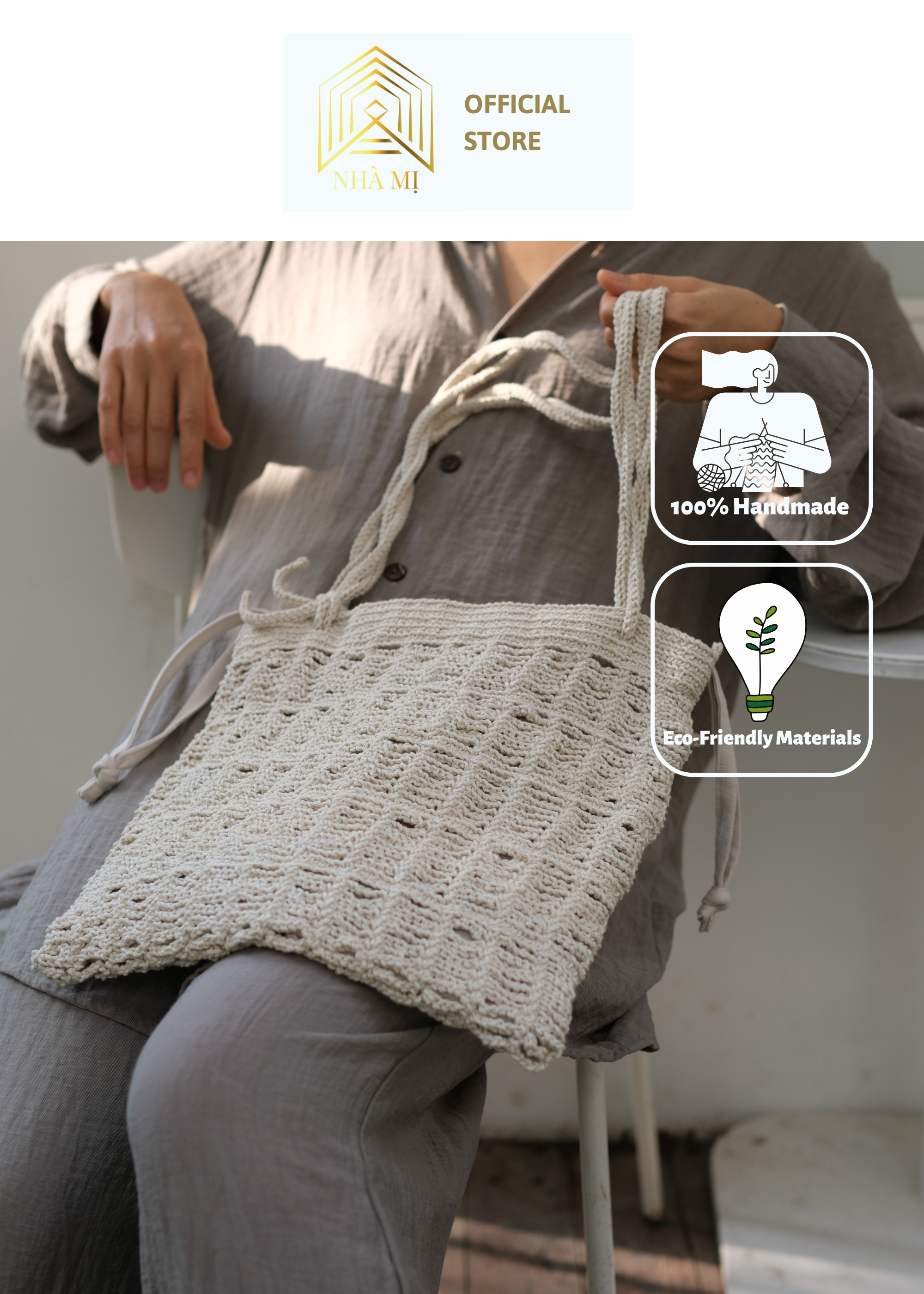 TÚI LEN ĐAN MÓC THỦ CÔNG NET BAG 6 BÍNH MÀU BE - NHÀ MỊ