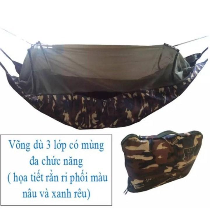 Võng Dù 3 Lớp Có Mùng Rằn Ri Đa Chức Năng Cao Cấp Nhập Khẩu Từ THÁI LAN : Không Dây & KÈM 5m Dây Dù Loại 1 - 2m2 & 2m5