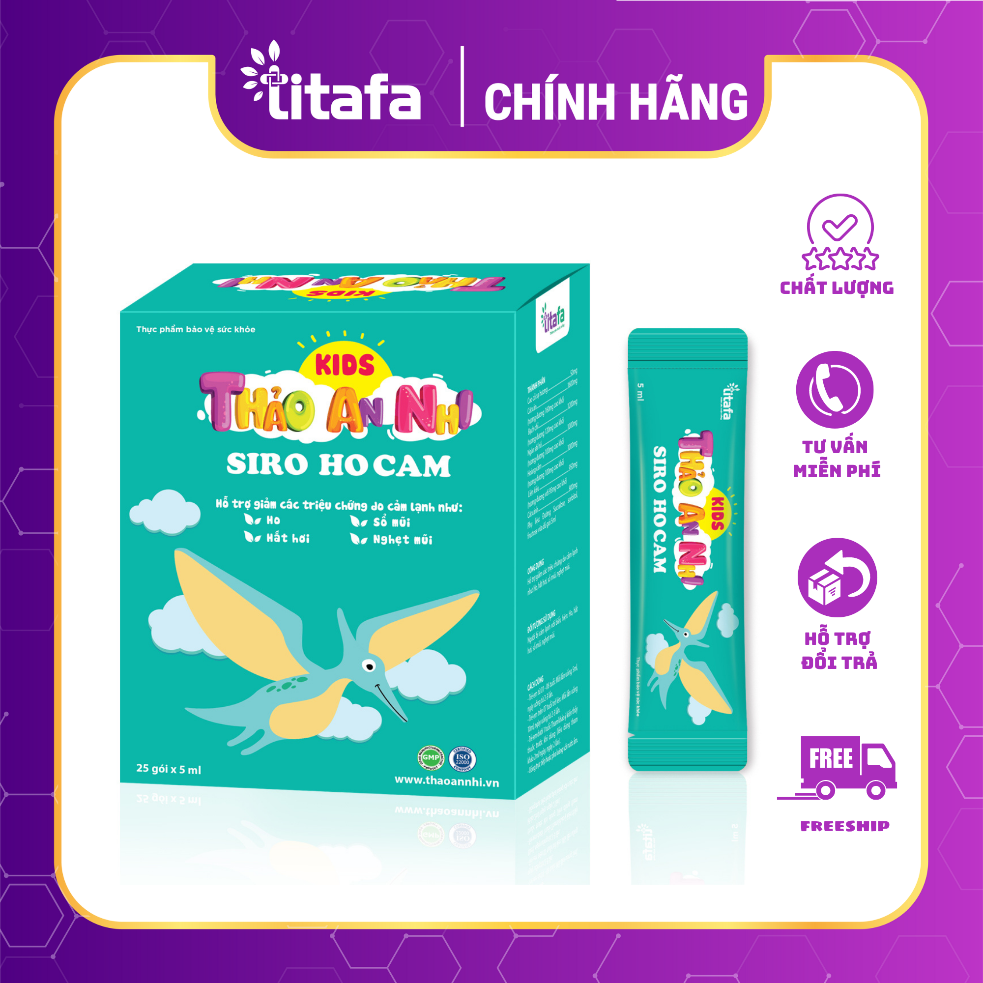 Siro HO CẢM KIDS THẢO AN NHI - Giảm các triệu chứng ho, nghẹt mũi, sổ mũi do cảm lạnh ở trẻ - Hộp 25 gói