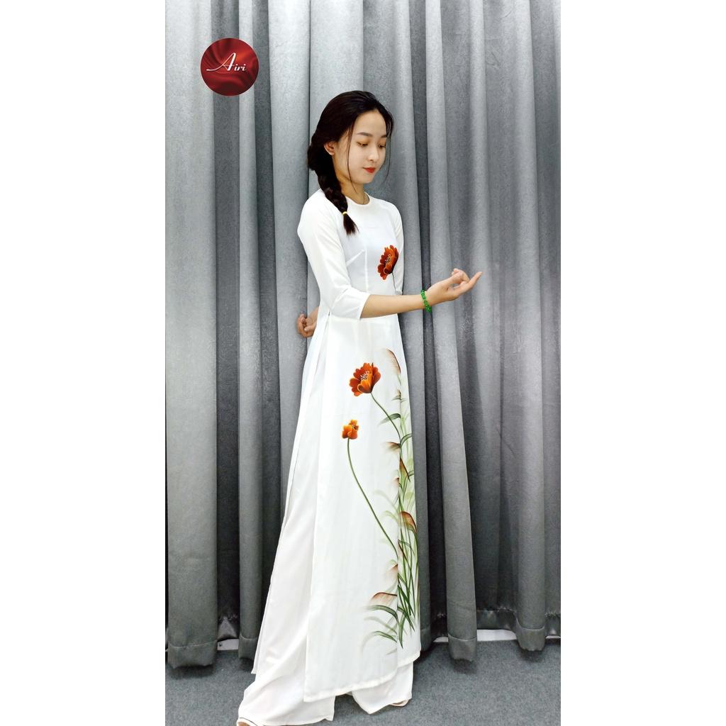 Áo dài nữ cổ tròn hoa nhỏ nền trắng trẻ trung chất lụa nhật cao cấp - Áo dài Airi