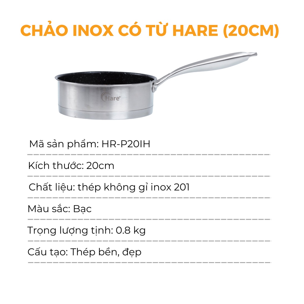 Chảo chống dính Inox có từ HR-P20IH (20cm) - thương hiệu Hare -  lỗi 1 đổi 1