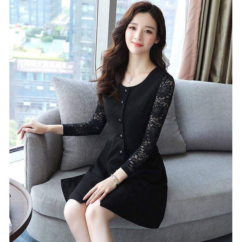 HOT Set áo vest đầm liền đính cúc tay phối ren DVNL21