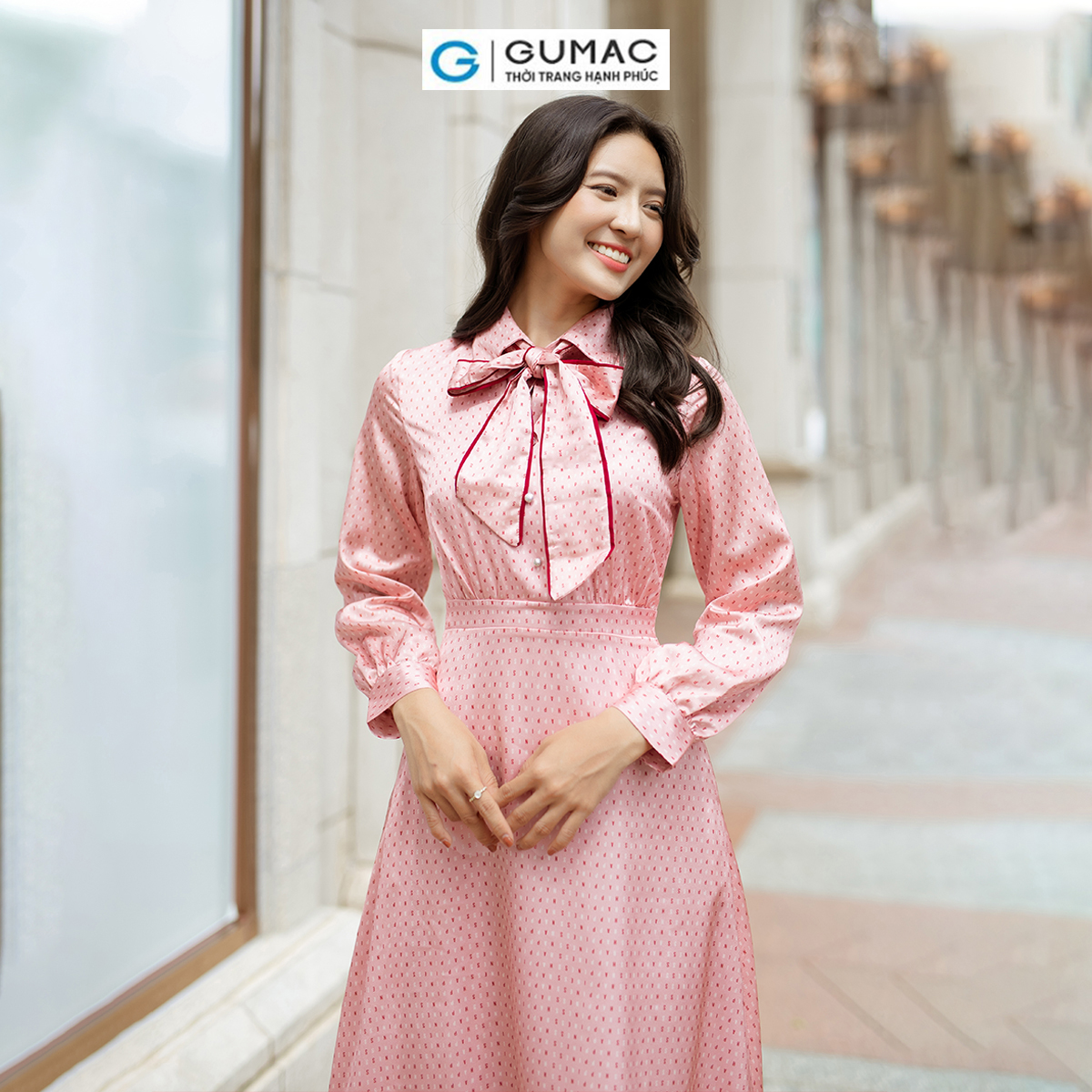 Đầm A phối dây nơ nữ tính thời thượng thời trang GUMAC DD06041