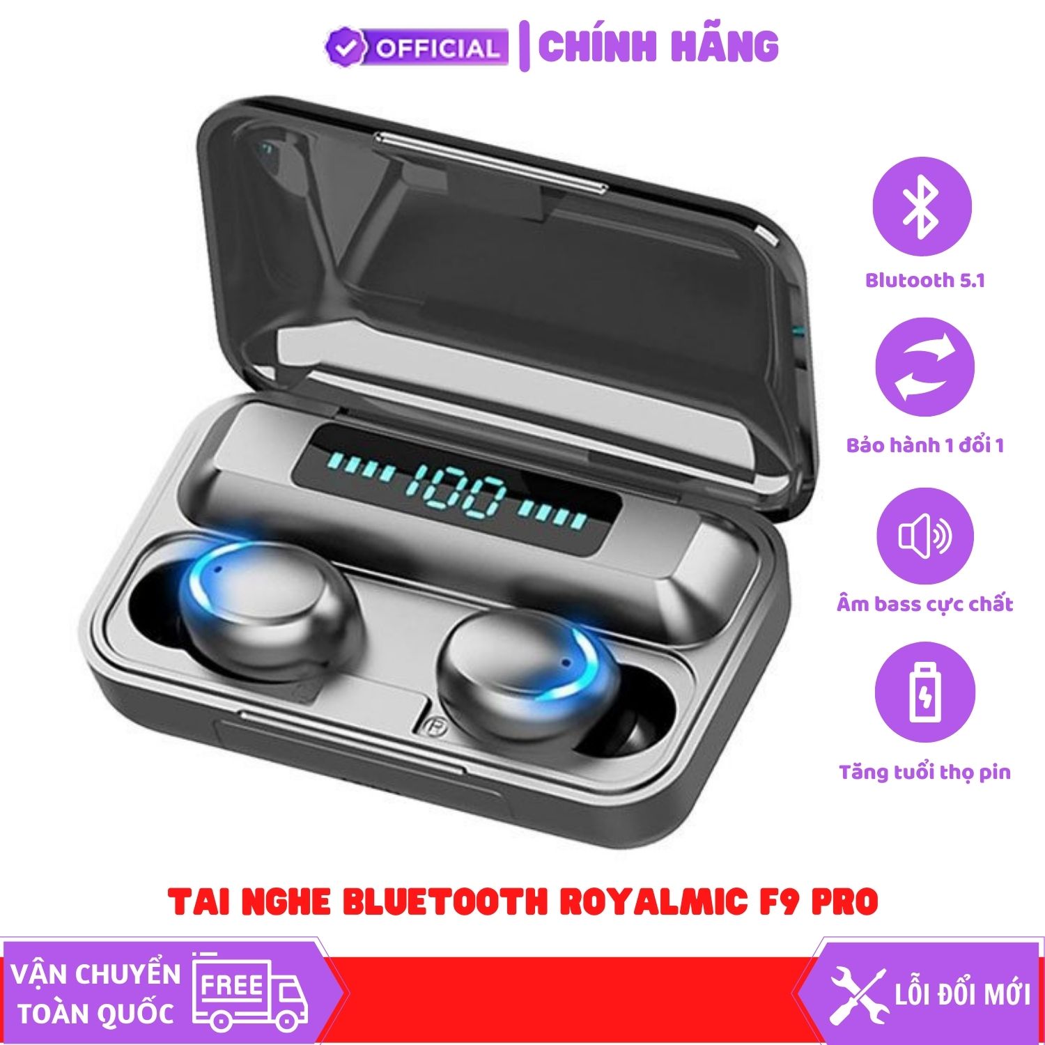 Tai nghe Bluetooth ROYALMIC F9 Pro TWS pin trâu sạc nhanh, chống nước - Hàng chính hãng