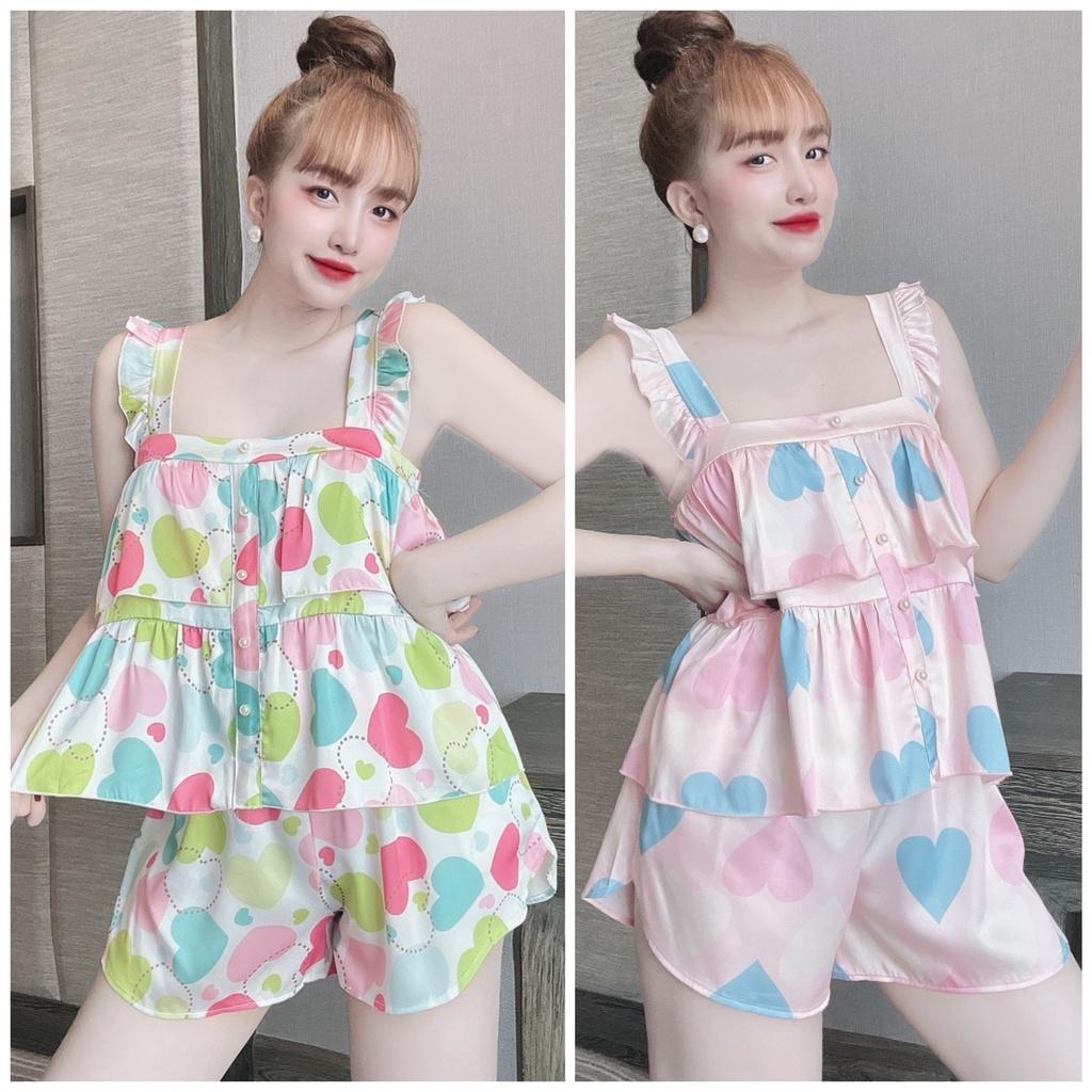Đồ ngủ đùi 2 dây dễ thương, chất lụa latin mềm, mịn, mát - Freesize dưới 62 kg
