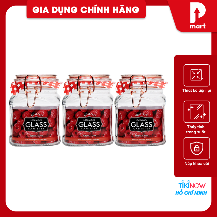 Bộ 3 Hũ Đựng Thực Phẩm Bằng Thủy Tinh Sodalime Lock&Lock LLG516S01 (900ml)