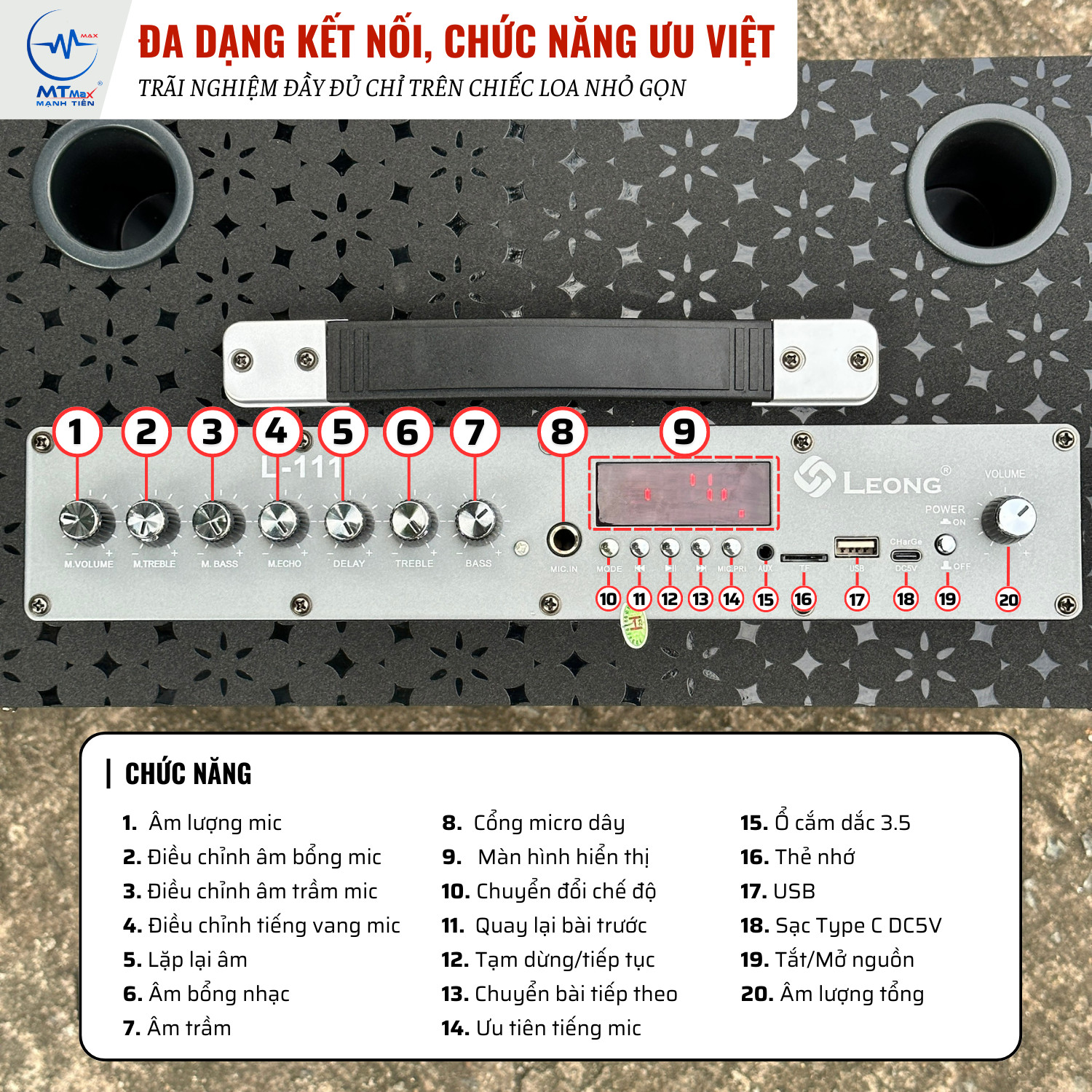 Loa Di Động Karaoke LEONG L111, Bass 20 Âm Thanh Trung Thực Đa Dạng Kết Nối BT, AUX, USB, TF Tặng Bao Đựng Micro Sang Trọng Hàng Chính Hãng