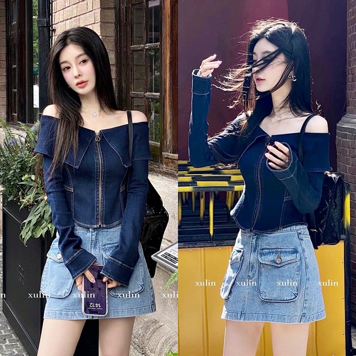 ĐẦM SET ÁO CROPTOP TRỄ VAI TAY DÀI + CHÂN VÁY NGẮN LƯNG CAO TÚI HỘP CHỮ A JEANS ĐI CHƠI NOEL ĐI TIỆC DẠO PHỐ GIÁNG SINH