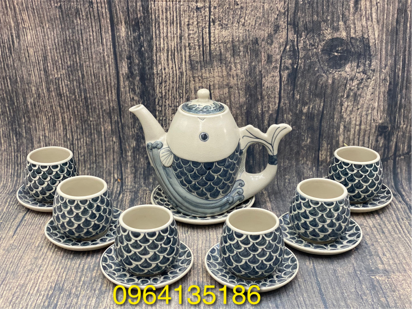 Bộ ấm chén cá chép men rạn gốm sứ Bát Tràng