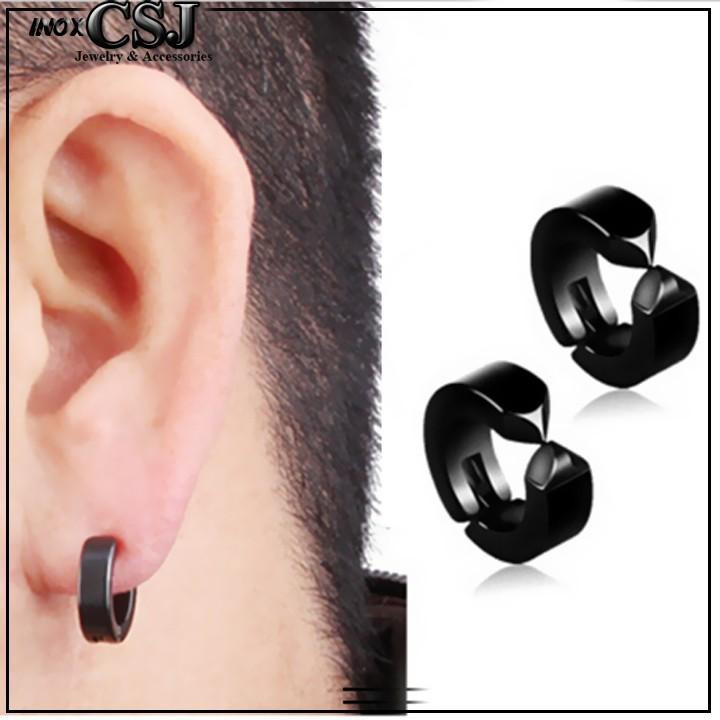 BÔNG TAI NAM KẸP KHOEN TRÒN INOX MÀU ĐEN  mã TU230