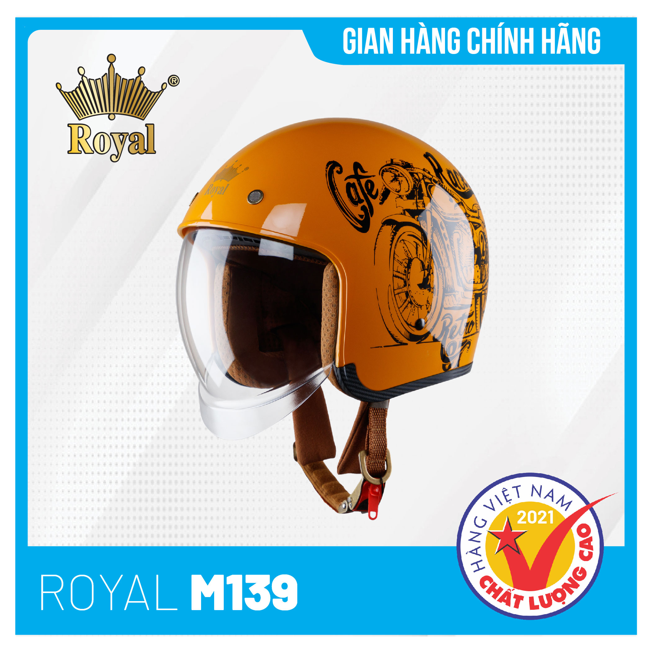 Nón bảo hiểm 34 Royal M139 Kính Âm V7  Vàng bóng - Size L