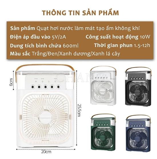 Quạt Điều Hòa Phun Sương Hơi Nước Mini Để Bàn Dung Tích Lớn 3 Chế Độ Đèn LED Đổi Màu, Chế Độ Hẹn Giờ Sử Dụng Cổng Sạc USB Tiện Dụng