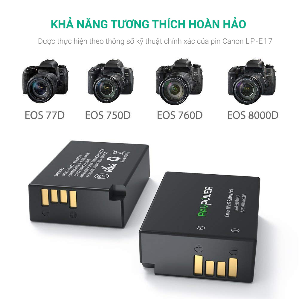 Bộ 2 pin và sạc đôi RavPower LP-E17 cho Canon 77D, 750D, 760D, 800D, M6 - Hàng chính hãng