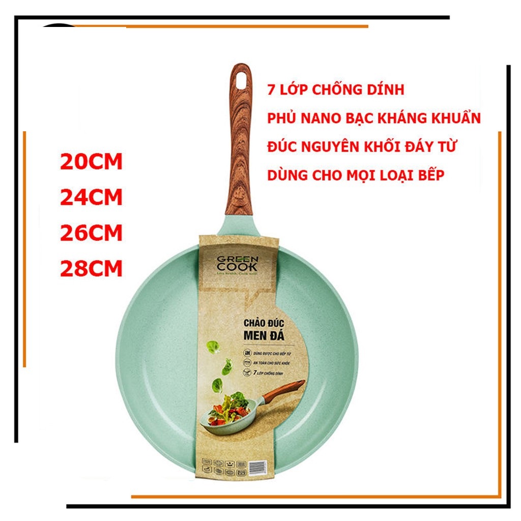 Chảo Green Cook GCP06-24IH Cao Cấp - Chảo đúc chống dính 24cm sâu 6.2cm đáy từ 7 lớp men đá xanh ngọc sâu lòng dùng cho mọi loại bếp