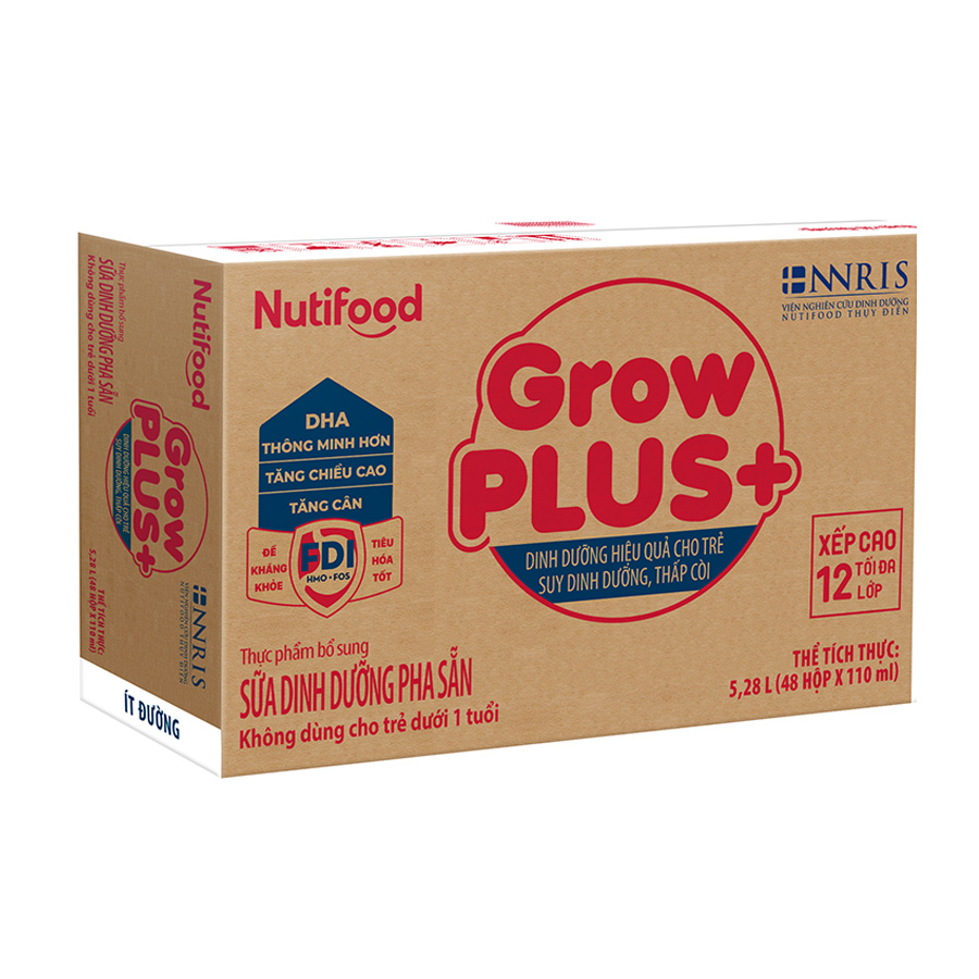 Thùng Sữa Bột Pha Sẵn Nutifood GrowPLUS+ ít đường Suy Dinh Dưỡng - Trên 1 Tuổi - Tăng Cân, Tăng Chiều Cao (48 Hộp x 110ml)