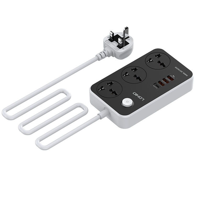 Ổ cắm điện đa năng 7 in 1 hỗ trợ sạc nhanh 38W PD 20W tổng công suất 2500W ra 3 ổ cắm 3 chân, 1 PD Type C 20W và 3 USB QC 3.0 18W hiệu LDNIO SC3412