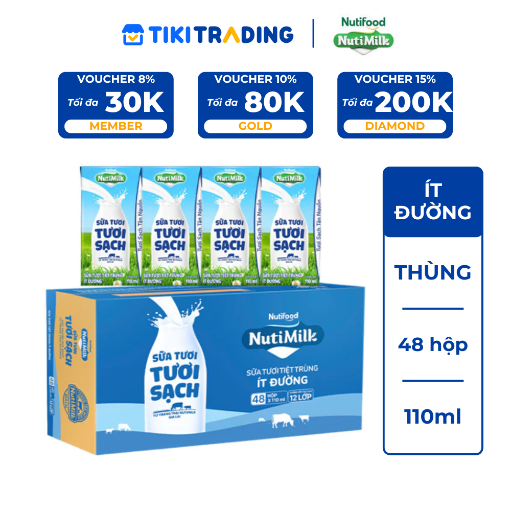 Thùng Sữa Tươi Tươi Sạch Nutimilk ít đường 110ml (Hộp 110ml x 48)