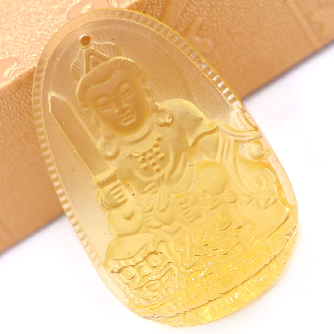 Mặt Phật Văn thù thuỷ tinh vàng 3.6 cm kèm móc và vòng cổ dây cao su đen, Mặt Phật bản mệnh