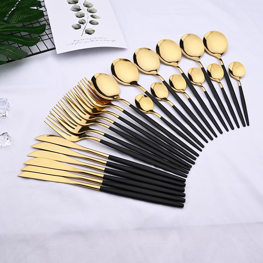 24Pcs Đen Vàng Chén Ăn Bộ Bộ Dao Kéo Hợp Kim Inox Nhà Bếp Dao Muỗng Nĩa Thìa Bộ Đồ Ăn Phẳng Bằng Bộ Kiềng Bạc Bộ