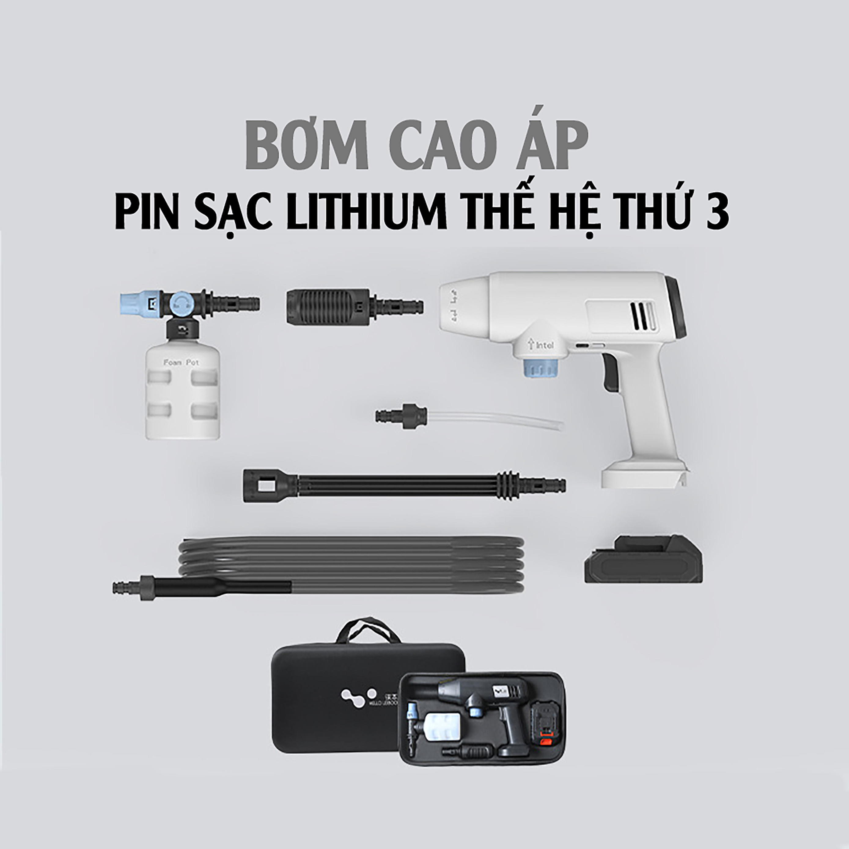 Máy rửa xe không dây di động, máy rửa xe có thể sạc Pin Lithium 25000 mAh Áp lực nước 65Bar, Trọng lượng 3,5kg màu trắng