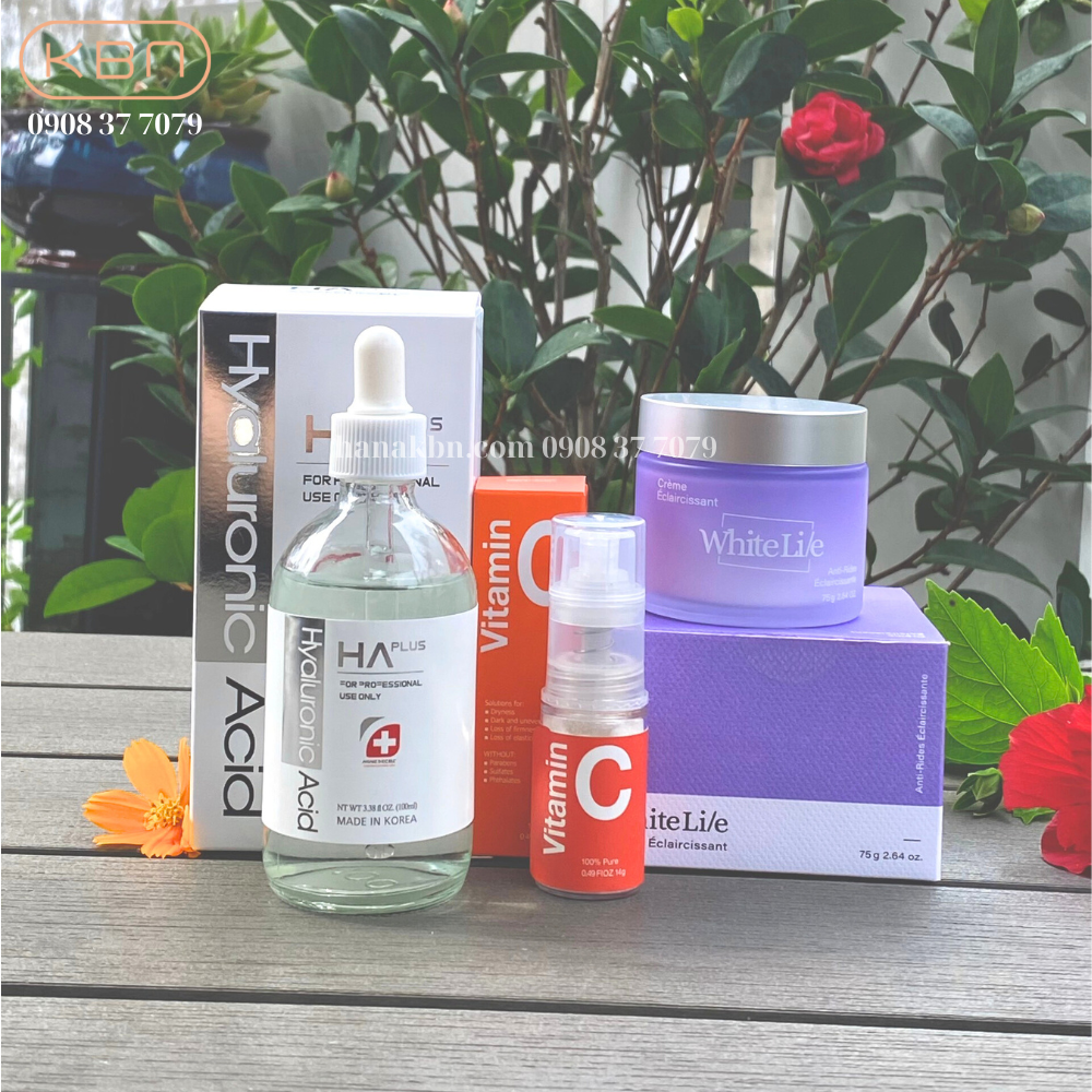 Combo 3 Sản Phẩm HA Plus 100ml + Vitamin C Bột + Kem Dưỡng White Lie, Tặng 2 Mặt Nạ Soothing