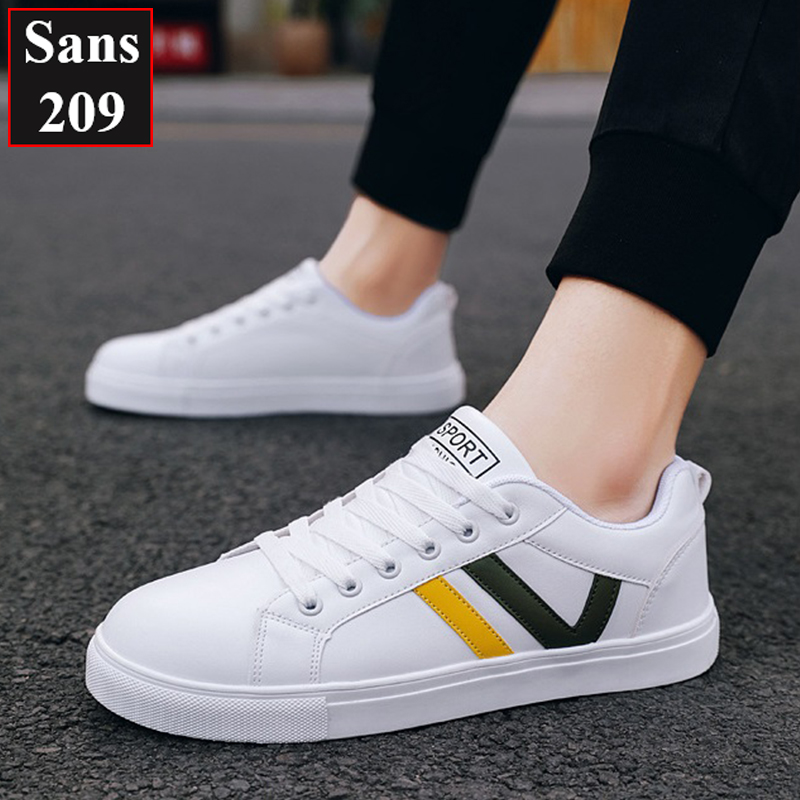 Giày thể thao nam sneaker Sans209 giầy sport trắng cổ thấp đế bệt sọc đen đỏ vàng bền đẹp thời trang hàn quốc trẻ trung