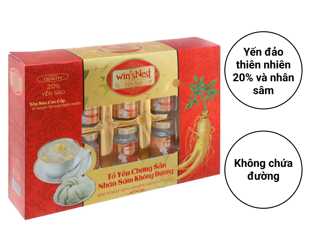 Yến Sào Win'snest Tổ Yến Chưng Sẵn Nhân Sâm Không Đường 20% (6 Lọ/Hộp) thích hợp cho người lớn, người bệnh đang trong quá trình phục hồi sức khỏe, người ăn kiêng và tiểu đường. 