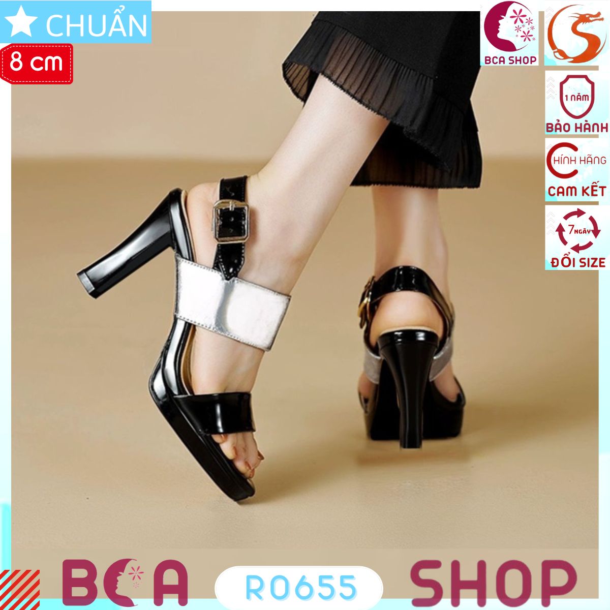 Giày cao gót nữ hở mũi 8 phân RO655 ROSATA tại BCASHOP quai ngang phối màu độc đáo, thêm quai hậu khóa cài tinh tế