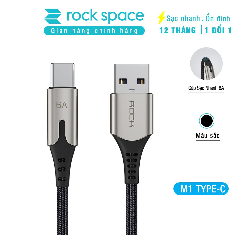 Dây cáp sạc Rockspace M1 dây dù chuẩn TypeC sạc nhanh 6A cho android, độ dài 1m - Hàng chính hãng 