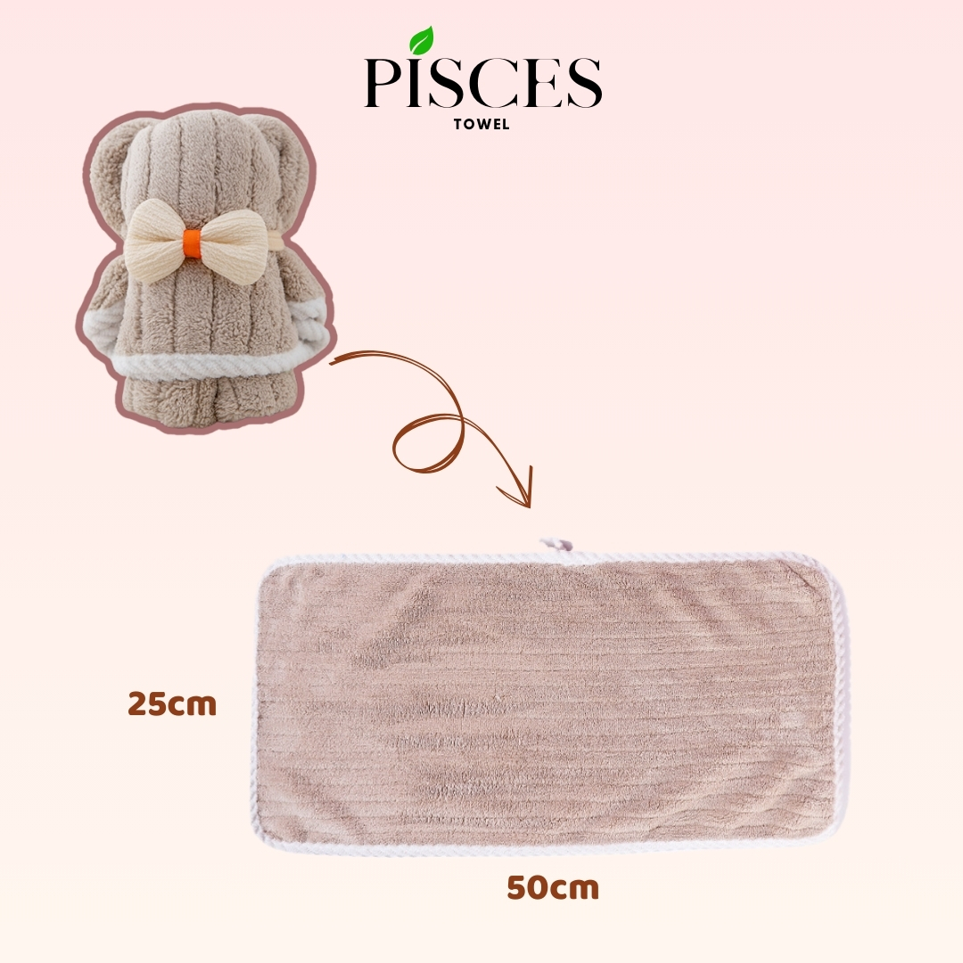 Khăn Mặt Hình Gấu Nơ Làm Quà Tặng PISCES TOWEL 25x50cm Cotton Mềm Mại, Khăn Làm Quà Tặng Bạn Gái