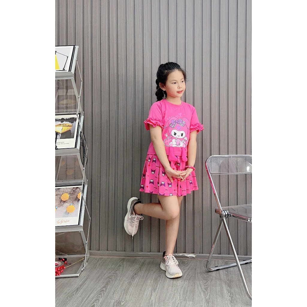 Đồ bộ bé gái, Bộ quần giả váy cho bé gái Kuromi từ 20-40kg chất cotton mềm mịn mát