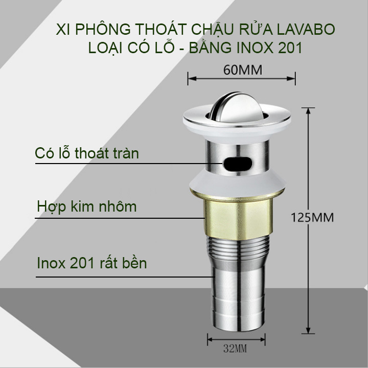 Xi phông chậu rửa mặt Lavabo inox 201 không gỉ, có lỗ thoát tràn