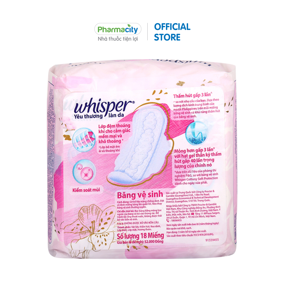 Băng vệ sinh ban ngày có cánh 24cm Whisper mềm mỏng, khô thoáng (18 miếng)