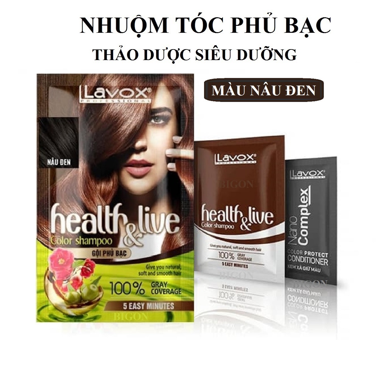 (Nâu Đen) Dầu Gội Nhuộm Tóc Nâu Đen, Phủ Bạc 100% Thảo Dược Siêu Dưỡng LAVOX 30ml - H2