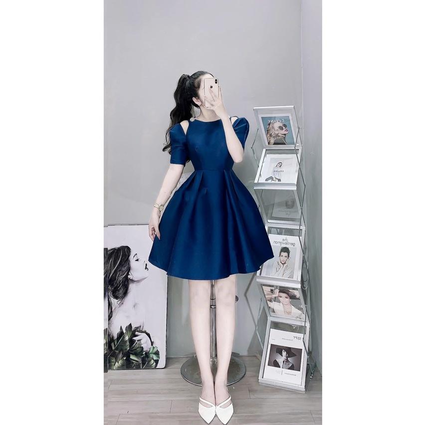 Đầm nữ dạ tiệc tay phồng xẻ vai kết cườm dáng xòe màu sắc trẻ trung, thanh lịch