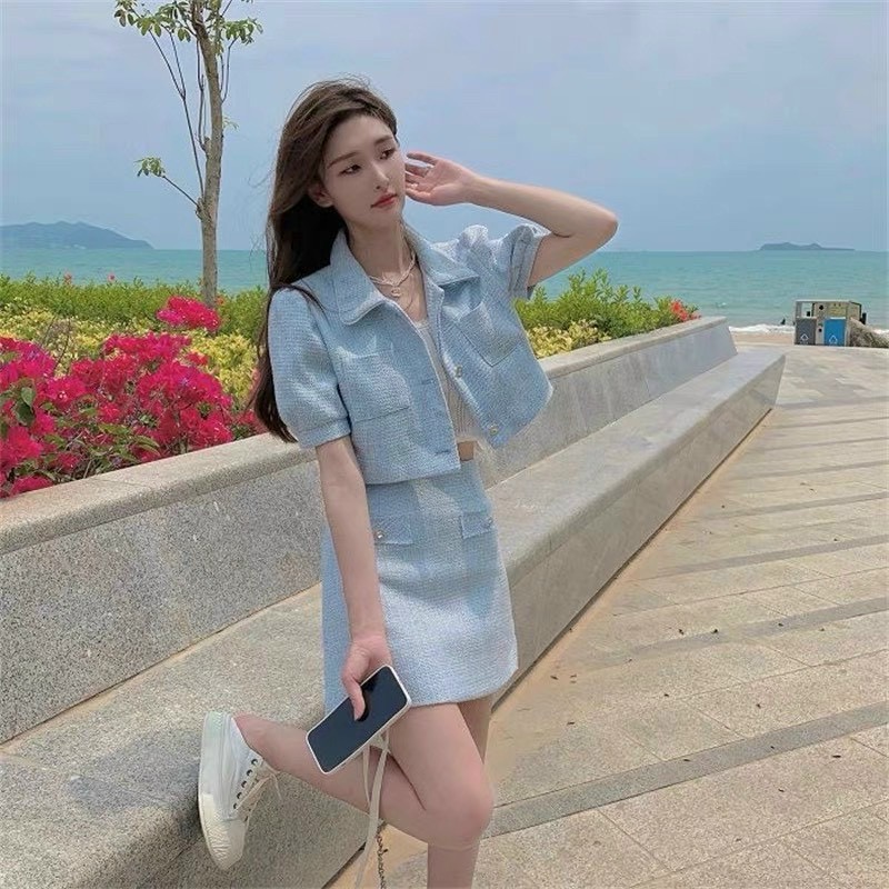 Set áo croptop đính nơ kèm chân váy chữ a ulzzang hàn quốc